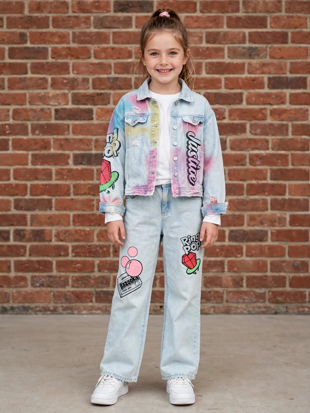 Justice Light Wash Denim Jacket and Jeans Set with Pink, Blue, Yellow Accents